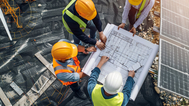Top view of group of architect engineer working on solar panel and his blueprints with solar photovoltaic equipment and wind turbine on construction site. clean energy concept