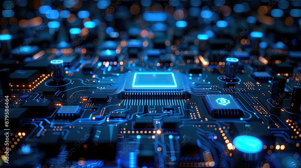 Poster a computer chip is shown in a blue and orange color scheme
