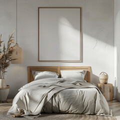 3D render of a mock-up poster frame in a bedroom styled in Scandinavian decor.