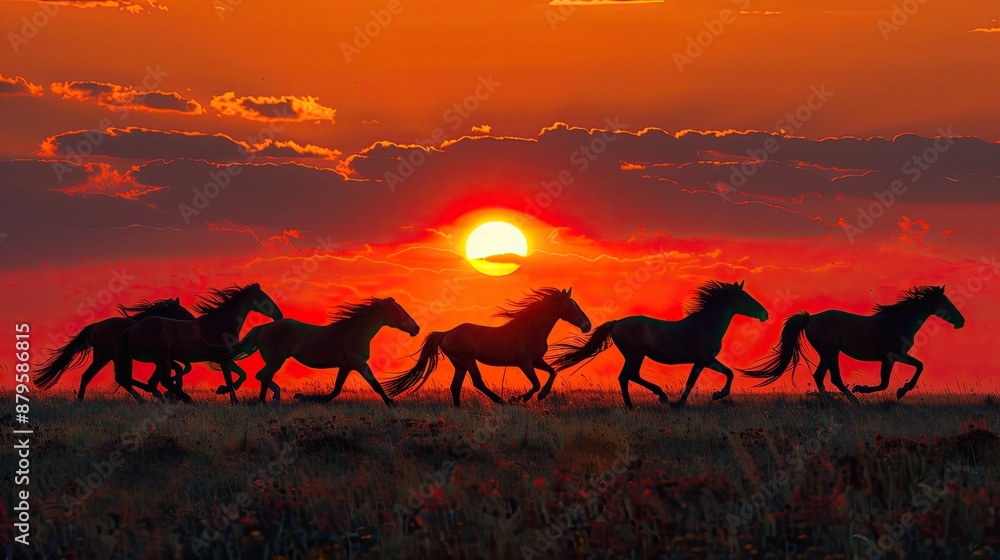 Poster a group of horses running in a field with a sunset in the background. the horses are running in a li