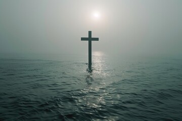 A cross floating on calm waters, suitable for inspirational or spiritual concepts