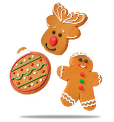 Tasty Christmas cookies of different shapes in air on white background