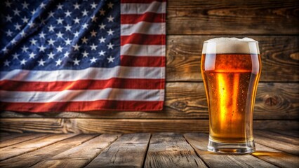 A chilled glass of frothy amber beer on a weathered wooden table, backed by a waving Stars and Stripes, evoking freedom.