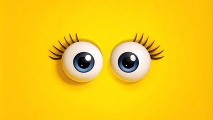 Adorable expressive cartoon eyes with eyelashes isolated on vibrant yellow background providing ample copy space for creative branding purposes.