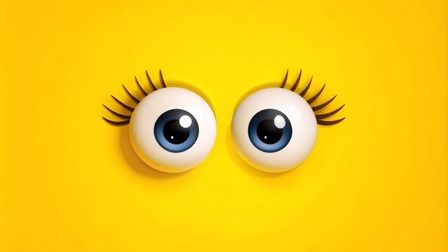 Adorable expressive cartoon eyes with eyelashes isolated on vibrant yellow background providing ample copy space for creative branding purposes.