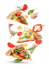 Slices of tasty pizza and ingredients in air on white background
