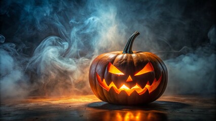 Ominous orange pumpkin with wicked grin and glowing eyes sits atop dark misty background, surrounded by eerie shadows and empty space.