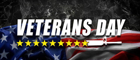 Veterans Day card. National flag of USA, stars and illustration of assault rifle on black marble...