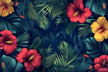 Hawaiian Flowers and Leaves Pattern Background