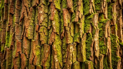 Rough, weathered, brown tree bark texture with deep grooves, fissures, and subtle moss growth in a natural forest environment.