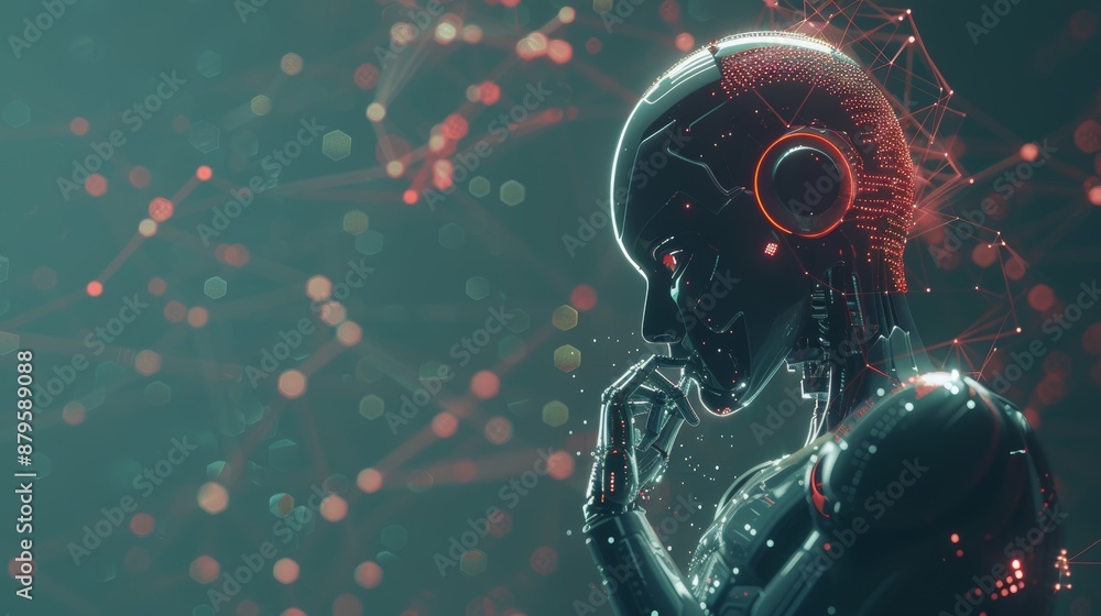 Poster the thinking ai hominoid robot analyzes a hologram screen using a machine learning process to illust