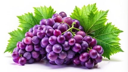 Fototapeta premium Vibrant purple grapes surrounded by lush green leaves and subtle vines on a crisp white background, evoking a sense of freshness.