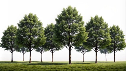 Obraz premium Silhouetted row of identical trees with uniform foliage stands against a transparent background, evoking a sense of serene, isolated landscape.