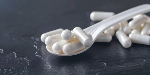 Closeup photo of white glucosamine chondroitin capsules with plastic spoon on dark background. Concept Pharmaceutical, Health Supplements, Closeup Photography, Dark Background, White Capsules
