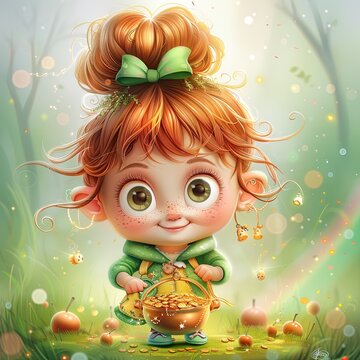 Realistic photo, st patrick corcet pot of gold rainbow , complete stand up enchanted cute adorable sweetness beautiful freckles girl 