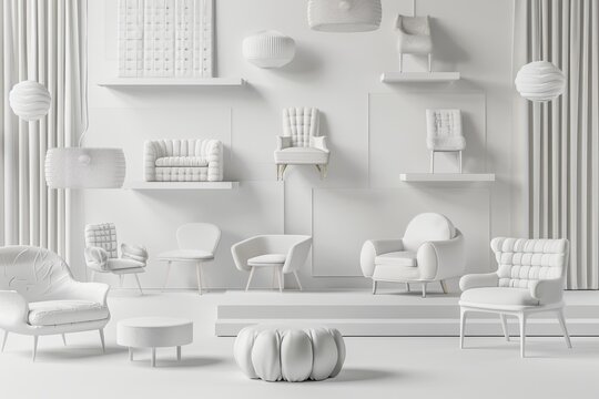 Three white chairs on an empty white background. Concept of minimalism and installation art. 3D rendering mockup.