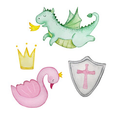 Watercolor fairy tale set princess, nursery illustration