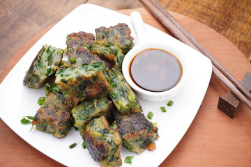 Fried chive dumplings and sweet black soy sauce sauce, Chinese food
