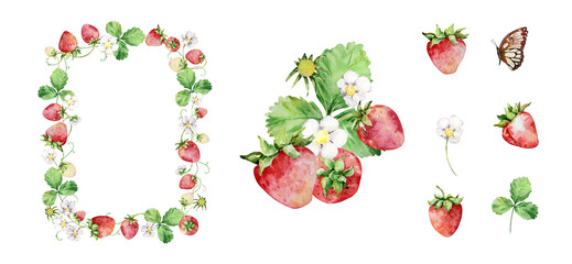 Watercolor straberry set wit wreath, berry and flowers