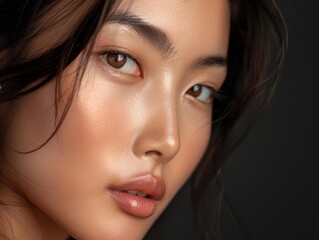 Obraz premium closeup beauty portrait of asian woman with flawless glowing skin soft flattering lighting natural makeup enhancing features serene expression conveying confidence and inner beauty