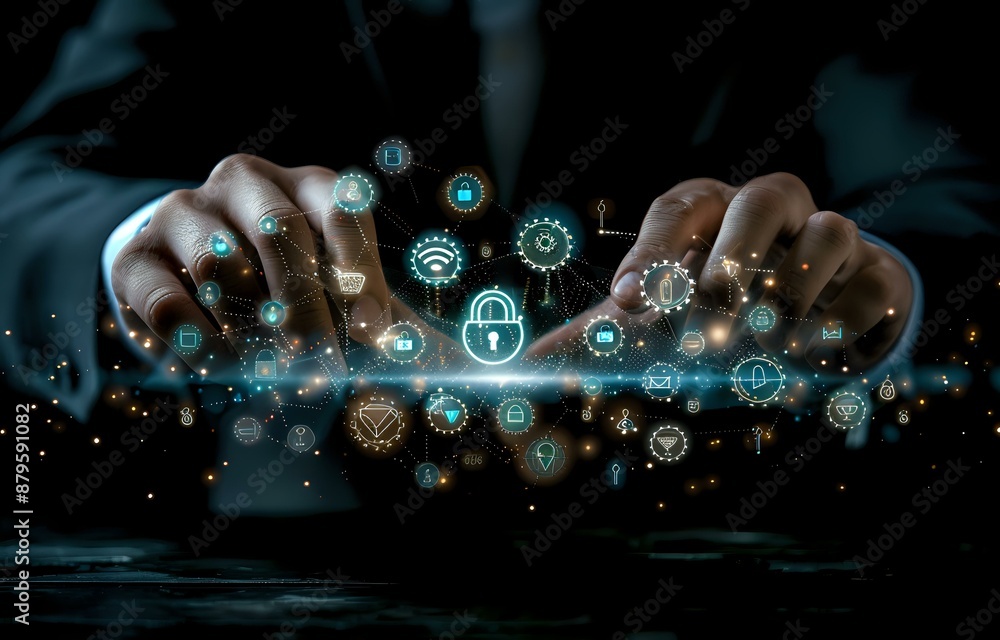 Poster hands interacting with a digital interface displaying various security icons, including a padlock. i