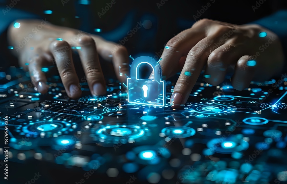 Aufkleber hands interacting with a glowing digital padlock on a high-tech interface. perfect for cybersecurity