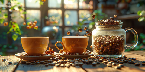Fototapeta premium Two Cappuccino Cups on Rustic Wooden Surface with Coffee Beans