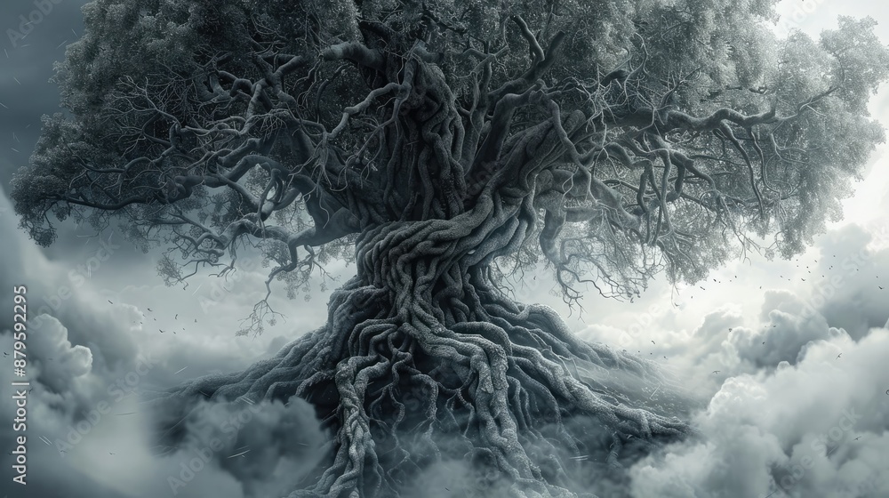 Poster a large tree with many branches and roots. the tree is surrounded by clouds and he is very old