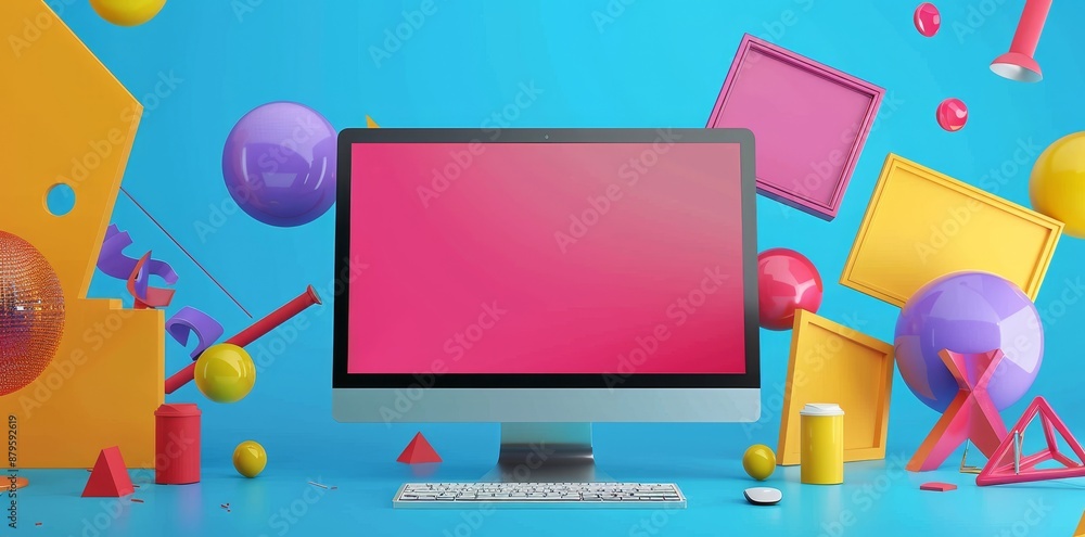 Poster an example of a mockup composition with computer and geometry figures 3d rendered