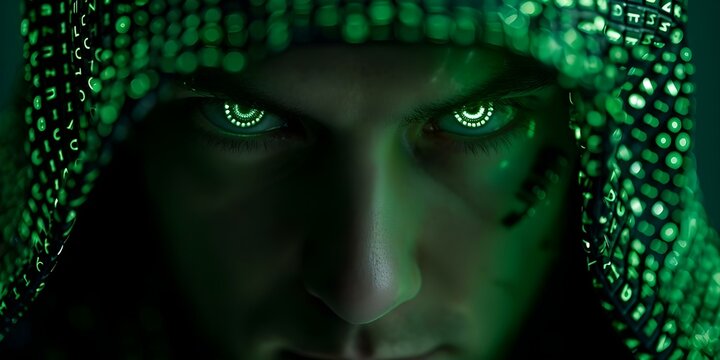 Cybersecuritythemed digital art of a computer hacker made of diodes. Concept Digital Art, Cybersecurity, Hacker, Diodes, Technology