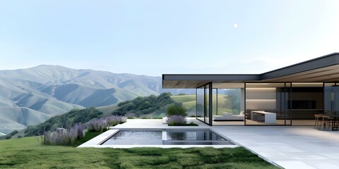 Obraz premium Contemporary hillside home with studio sliding glass doors and valley view. Concept Architecture, Hillside Home, Contemporary Design, Sliding Glass Doors, Valley View