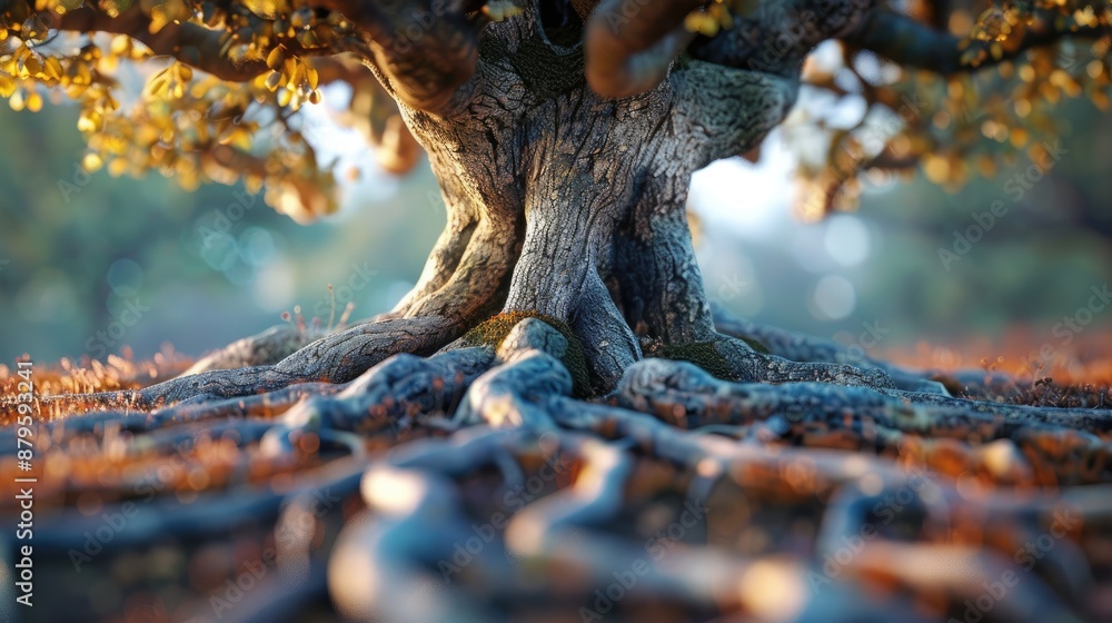 Poster a tree with roots that are spread out and a trunk that is brown. the tree is surrounded by a field o