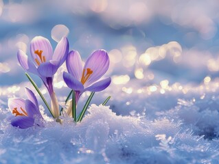 delicate purple crocuses emerging from pristine snow macro detail soft bokeh crystalline textures serene wintertospring transition hope and renewal symbolism