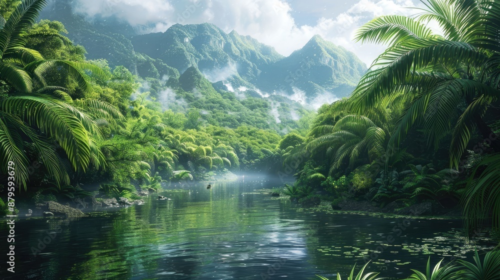 Poster a lush green jungle with a river running through it. the sky is cloudy and the mountains in the back