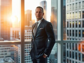 distinguished executive in tailored suit exuding confidence standing in a modern corner office with floortoceiling windows city skyline visible warm lighting accentuating success