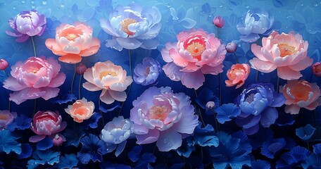 Vibrant Watercolor Flower Painting, Blue and Pink Flowers with Calm Background