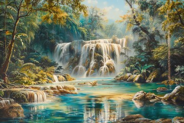 A painting of a waterfall in a forest with a calm river. The painting has a serene and peaceful mood, with the water reflecting the trees and sky