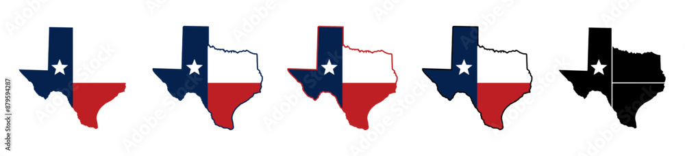 Poster set of texas map icons outlined in line. texas map icon with national flag, outlined linear map of t