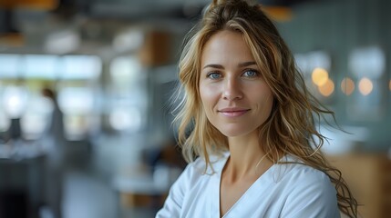 Fototapeta premium Portrait of a confident young woman in a professional setting, exuding poise and determination. Ideal for business blogs, career-related content, and advertisements promoting