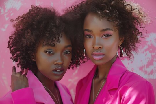 Two women with curly hair are posing for a picture in pink. They are wearing matching pink outfits and are smiling for the camera. Scene is cheerful and friendly