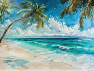 Obraz premium dreamy tropical beach scene with crystalclear turquoise water gently lapping at pristine white sand palm trees sway in the breeze framing a vibrant sunset sky