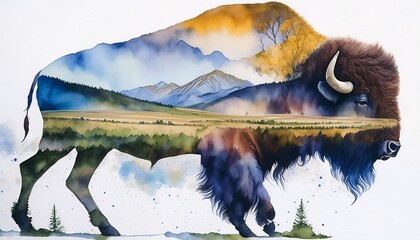 Double exposure of buffalo and mountain landscape in watercolor