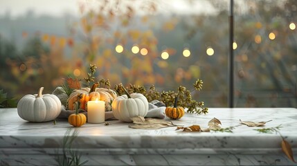 A Festive Autumn Tabletop With White Pumpkins and a Candle