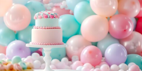 Colorful cake table and big balloons for baby gender reveal party. Concept Baby Gender Reveal Party, Colorful Cake Table, Big Balloons, Celebratory Decorations