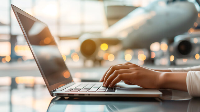 Hands typing on a laptop at an airport terminal with an airplane visible through the window, highlighting the concept of working on-the-go and modern travel technology.