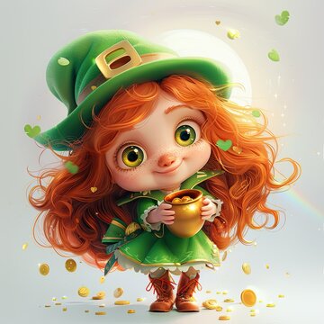 Realistic photo, st patrick corcet pot of gold rainbow , complete stand up enchanted cute adorable sweetness beautiful freckles gir