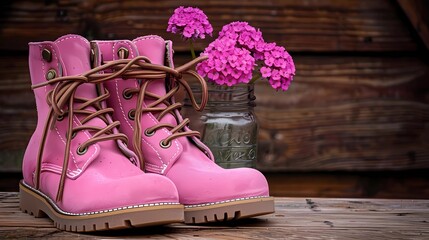 pink boots and pink flowers 