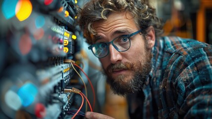 Obraz premium An engineer with glasses and a plaid shirt precisely adjusts intricate machinery with numerous wires, reflecting meticulousness, expertise, and the complexity of modern engineering.