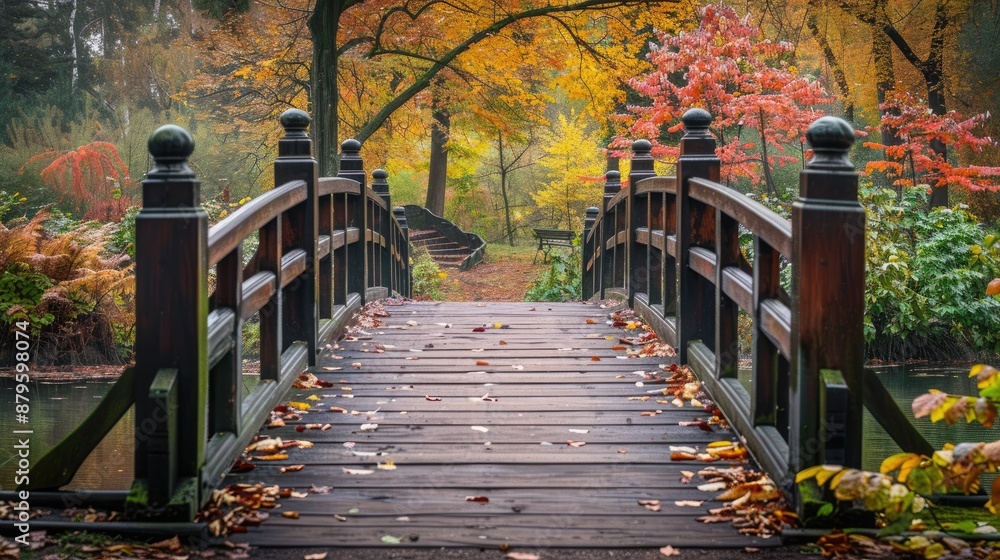 Poster a bridge with a wooden deck and a path leading to it. the bridge is surrounded by trees and has a lo