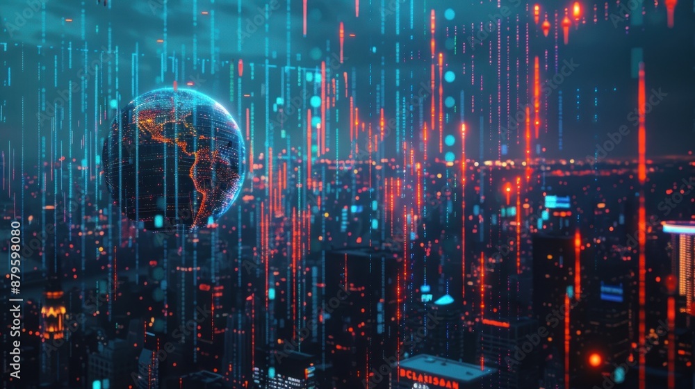 Poster Futuristic cityscape with glowing globe and binary code rain